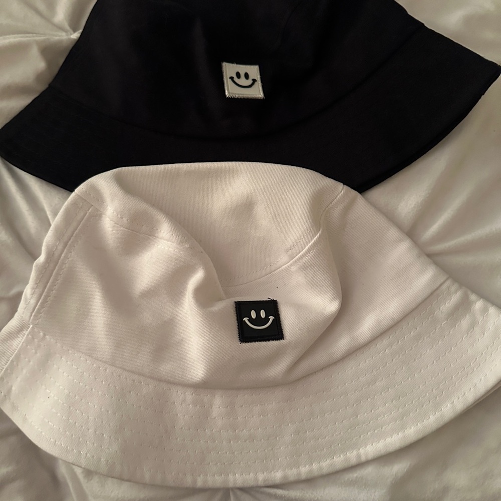 Black and White Bucket Hats with Smiley Patch